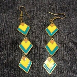 Vintage Boho Geometric Enamel Tiered Diamond Dangle Earrings